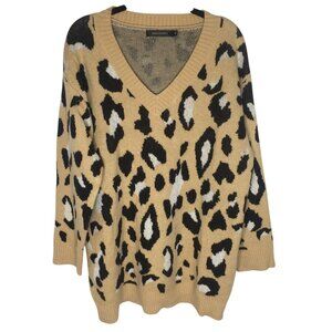 MEROKEETY Sweater Womens XL Beige Black Leopard Print V Neck Pullover Soft Knit